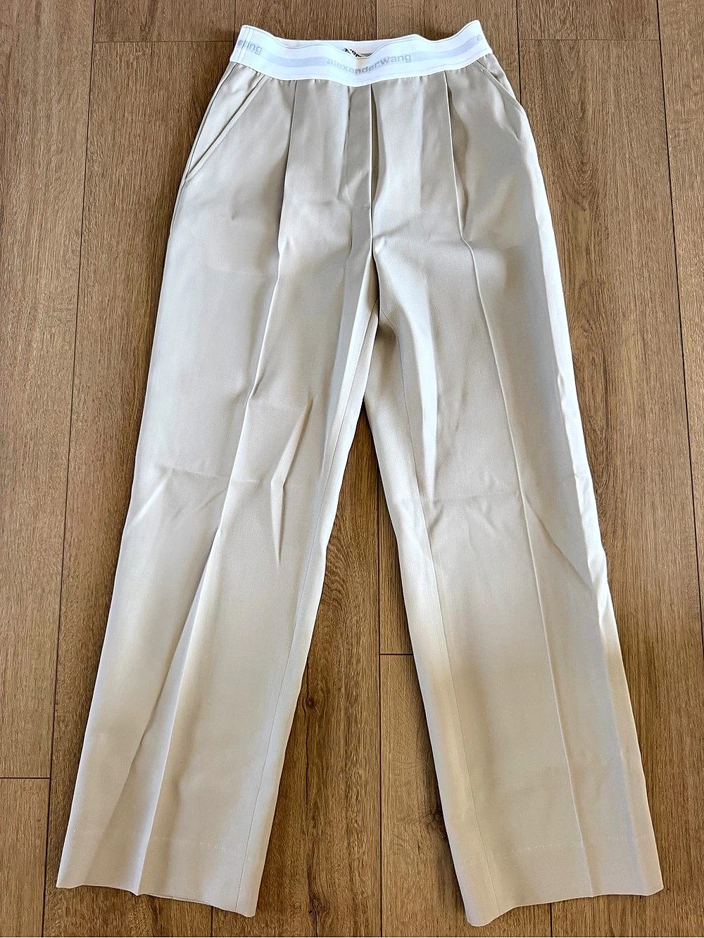 Alexander Wang Logo Elastic Waistband Pleated Stretch Wool Blend Pants